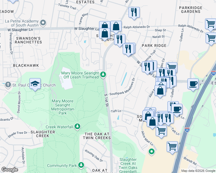 map of restaurants, bars, coffee shops, grocery stores, and more near 9500 Hunter Lane in Austin