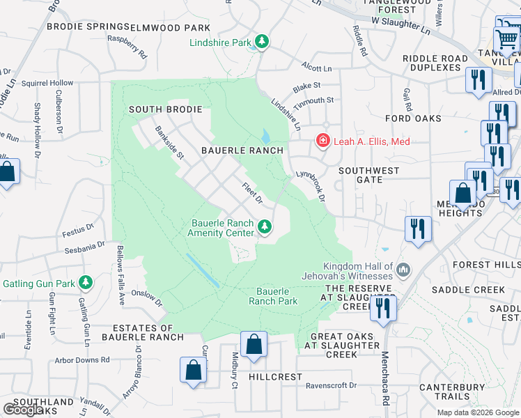 map of restaurants, bars, coffee shops, grocery stores, and more near 2900 Fleet Drive in Austin