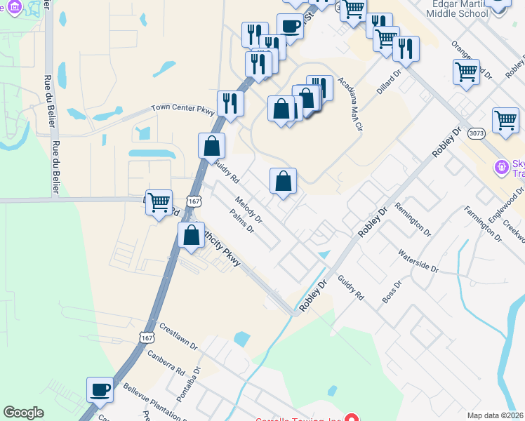 map of restaurants, bars, coffee shops, grocery stores, and more near 305 Melody Drive in Lafayette