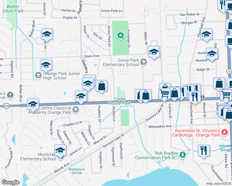 map of restaurants, bars, coffee shops, grocery stores, and more near 1905 Grove Park Drive in Orange Park