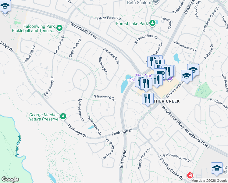 map of restaurants, bars, coffee shops, grocery stores, and more near 14 Shallow Pond Court in The Woodlands