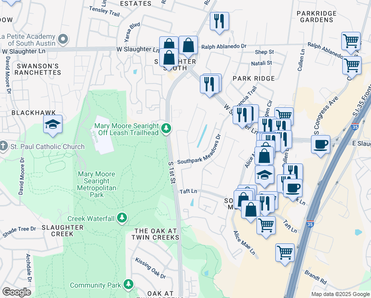 map of restaurants, bars, coffee shops, grocery stores, and more near 9504 Alex Lane in Austin