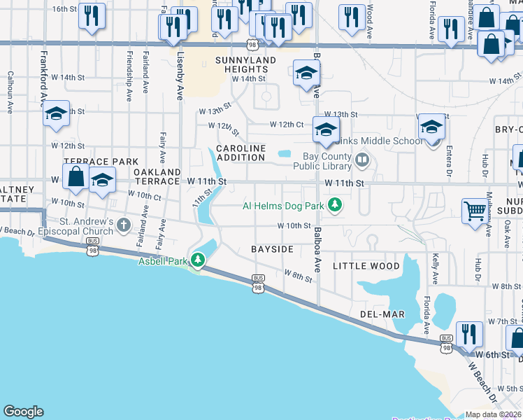 map of restaurants, bars, coffee shops, grocery stores, and more near 1111 West 10th Court in Panama City