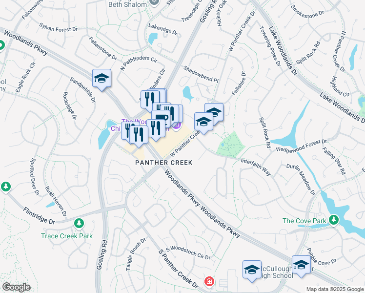 map of restaurants, bars, coffee shops, grocery stores, and more near 4800 West Panther Creek Drive in The Woodlands