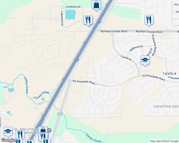 map of restaurants, bars, coffee shops, grocery stores, and more near 18828 Collins View Drive in New Caney
