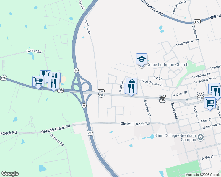 map of restaurants, bars, coffee shops, grocery stores, and more near 1704 West Main Street in Brenham