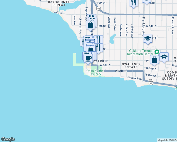 map of restaurants, bars, coffee shops, grocery stores, and more near 3001 West 10th Street in Panama City