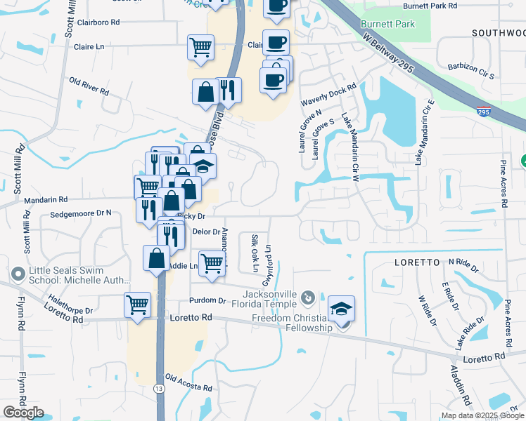 map of restaurants, bars, coffee shops, grocery stores, and more near 11437 Ricky Way in Jacksonville