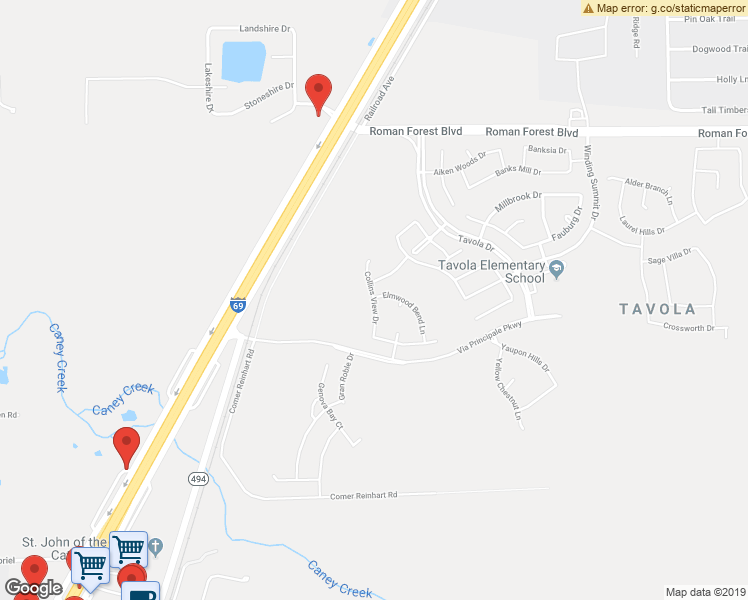 map of restaurants, bars, coffee shops, grocery stores, and more near 18844 Collins View Drive in New Caney