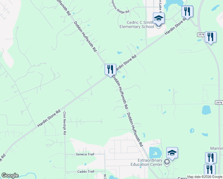 map of restaurants, bars, coffee shops, grocery stores, and more near 28207 Dobbin-Huffsmith Road in Magnolia