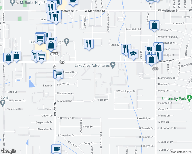 map of restaurants, bars, coffee shops, grocery stores, and more near 1512 South Vintage Lane in Lake Charles