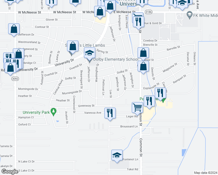 map of restaurants, bars, coffee shops, grocery stores, and more near 138 Lee Street in Lake Charles