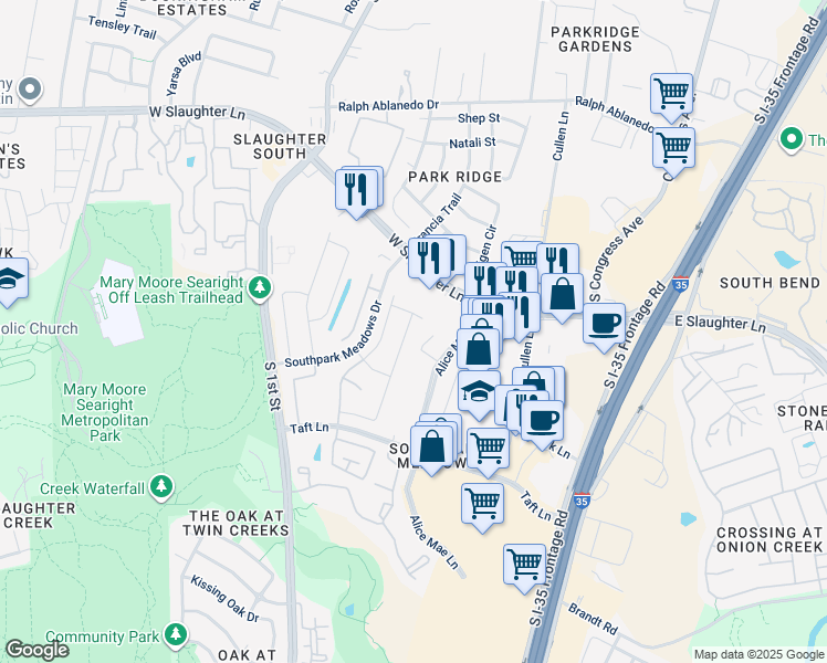 map of restaurants, bars, coffee shops, grocery stores, and more near 9317 Sydney Marilyn Lane in Austin