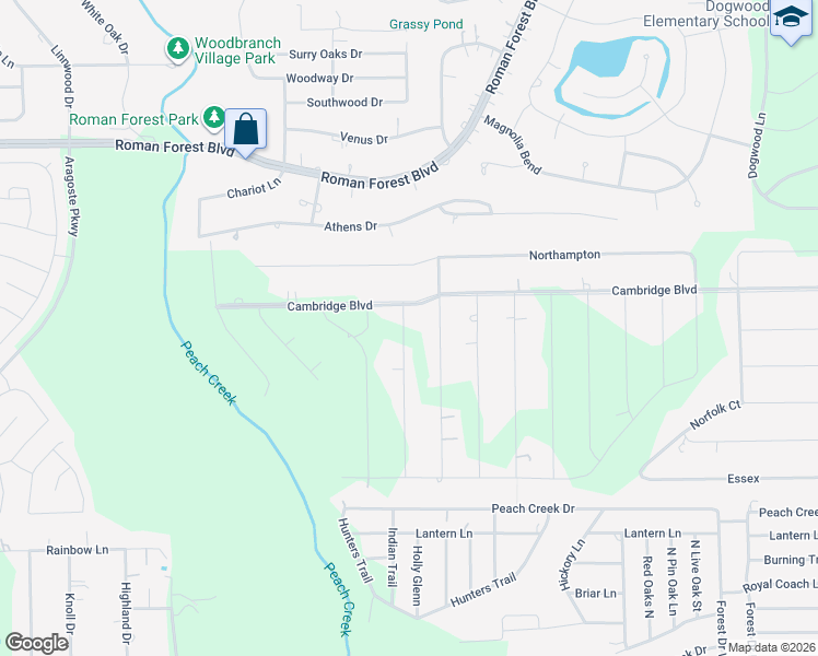 map of restaurants, bars, coffee shops, grocery stores, and more near 19105 Warwick in New Caney