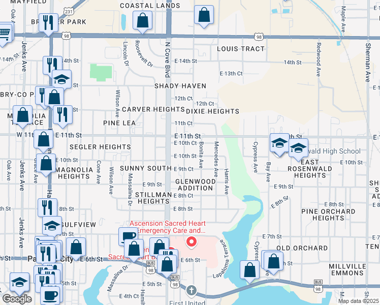 map of restaurants, bars, coffee shops, grocery stores, and more near 803 East 10th Street in Panama City
