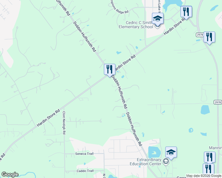 map of restaurants, bars, coffee shops, grocery stores, and more near 28207 Dobbin-Huffsmith Road in Magnolia