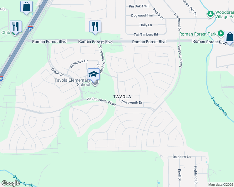 map of restaurants, bars, coffee shops, grocery stores, and more near 18956 Columbus Mill Drive in New Caney