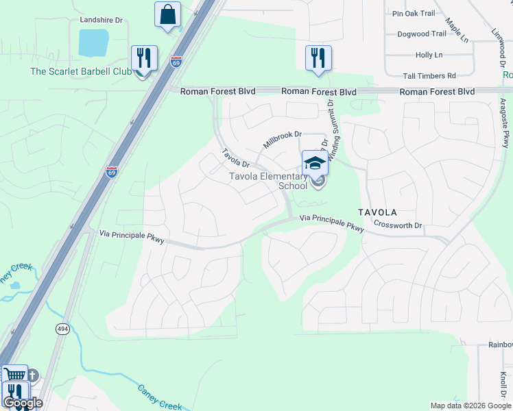 map of restaurants, bars, coffee shops, grocery stores, and more near 23322 Hillsview Lane in New Caney