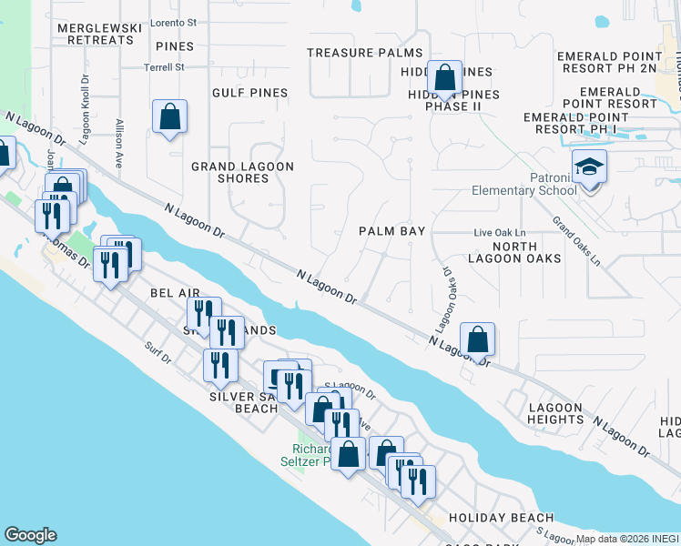 map of restaurants, bars, coffee shops, grocery stores, and more near 105 Palm Harbour Boulevard in Panama City Beach