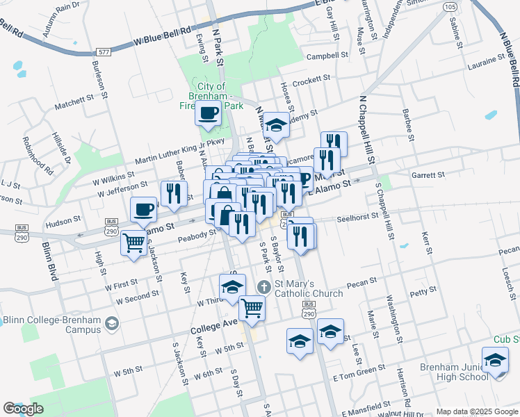 map of restaurants, bars, coffee shops, grocery stores, and more near in Brenham