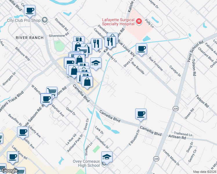 map of restaurants, bars, coffee shops, grocery stores, and more near 202 Long Plantation Boulevard in Lafayette