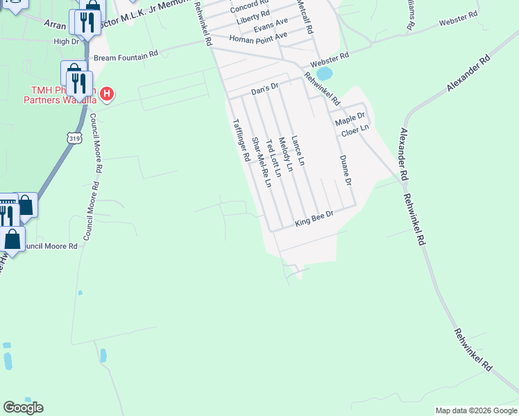 map of restaurants, bars, coffee shops, grocery stores, and more near 218 Tafflinger Road in Crawfordville