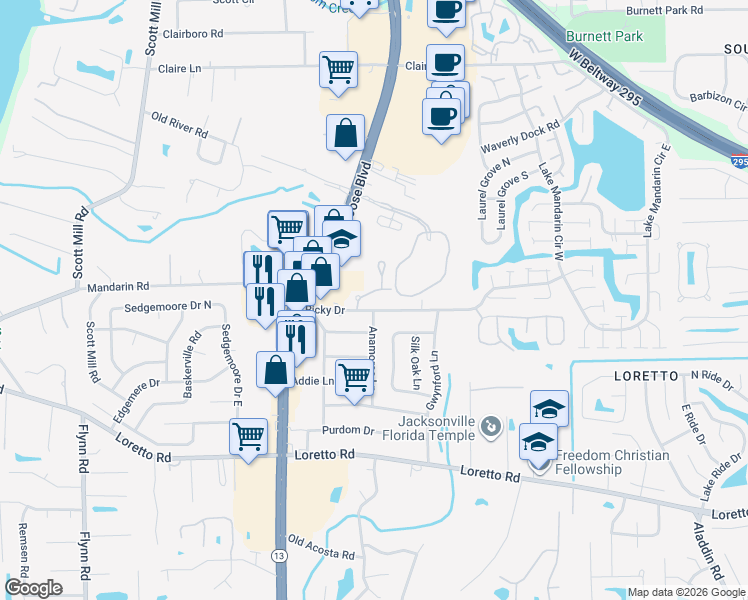 map of restaurants, bars, coffee shops, grocery stores, and more near 3131 Ricky Drive in Jacksonville