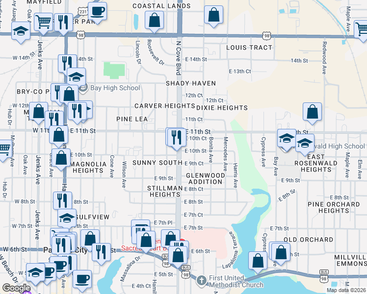 map of restaurants, bars, coffee shops, grocery stores, and more near 1000-1048 Martin Luther King Jr Blvd in Panama City