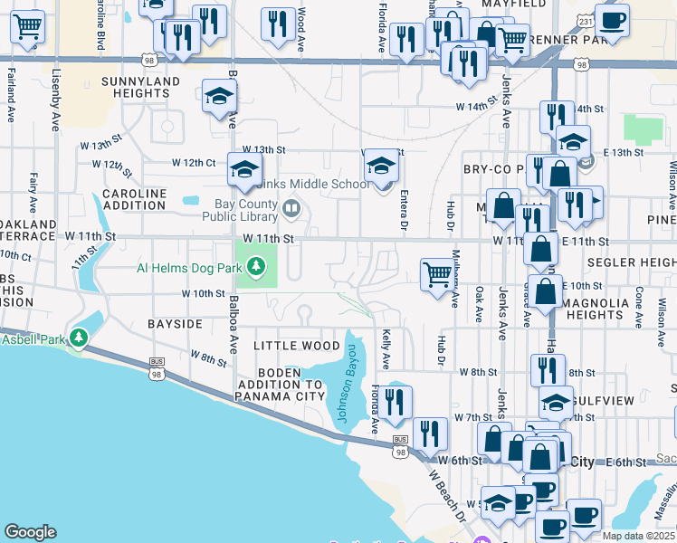 map of restaurants, bars, coffee shops, grocery stores, and more near 1006 Arbours Drive in Panama City