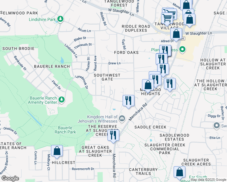 map of restaurants, bars, coffee shops, grocery stores, and more near 2210 Lynnbrook Drive in Austin