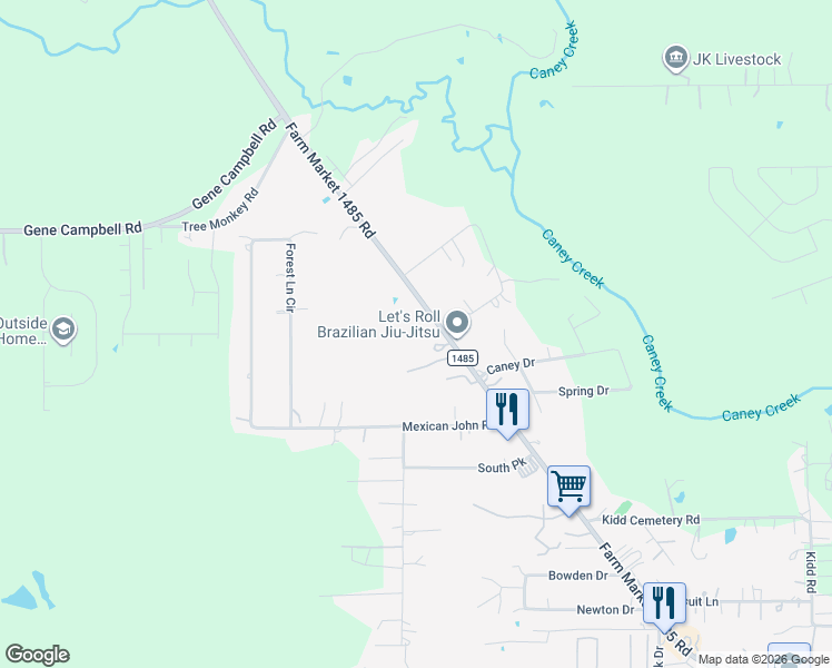 map of restaurants, bars, coffee shops, grocery stores, and more near 19308 Farm to Market 1485 in New Caney