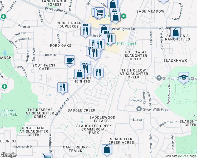 map of restaurants, bars, coffee shops, grocery stores, and more near 1603 Redwater Drive in Austin