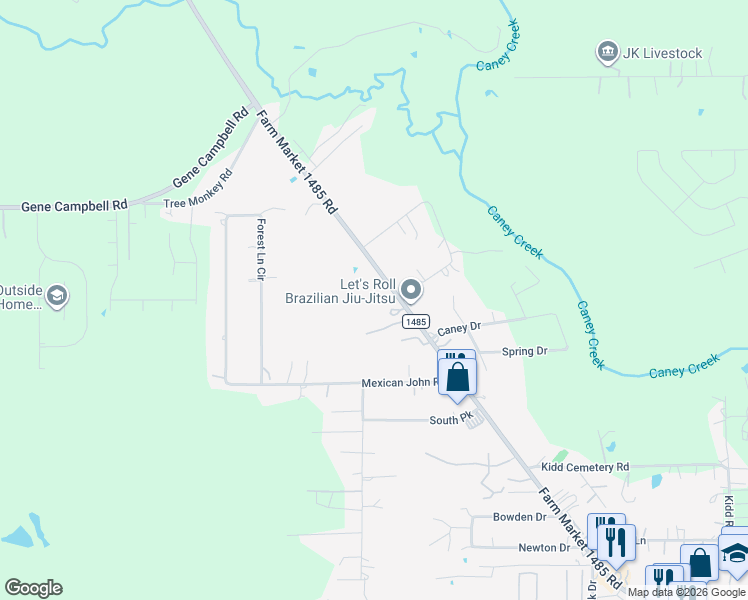 map of restaurants, bars, coffee shops, grocery stores, and more near 19308 Farm to Market 1485 in New Caney