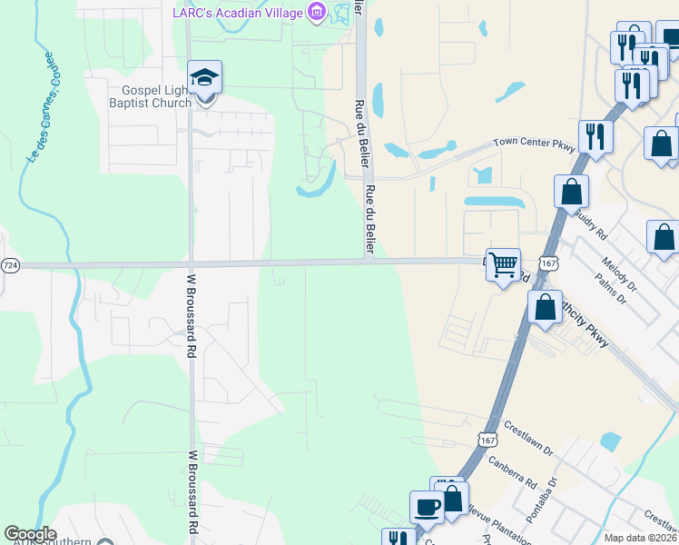 map of restaurants, bars, coffee shops, grocery stores, and more near 317 Duhon Road in Lafayette