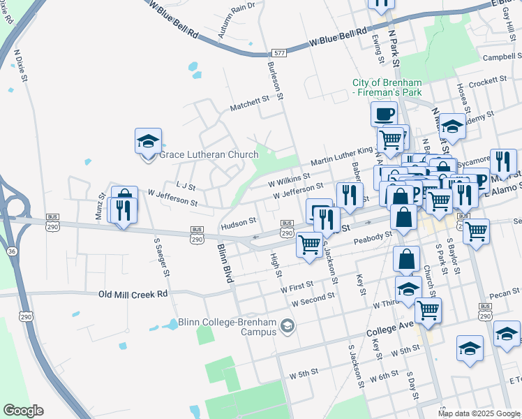 map of restaurants, bars, coffee shops, grocery stores, and more near 202 Lockett Street in Brenham