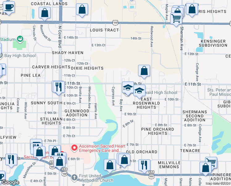 map of restaurants, bars, coffee shops, grocery stores, and more near 1002 Cypress Avenue in Panama City