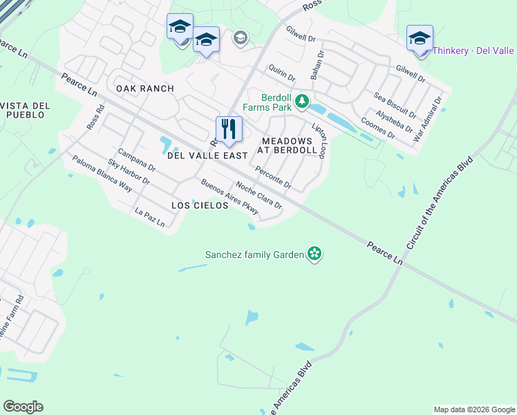 map of restaurants, bars, coffee shops, grocery stores, and more near 13016 Buenos Aires Parkway in Del Valle