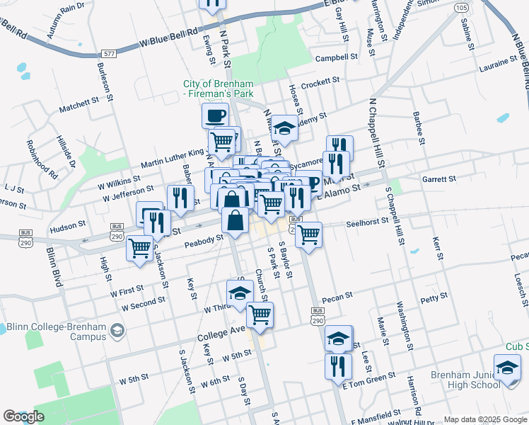 map of restaurants, bars, coffee shops, grocery stores, and more near in Brenham