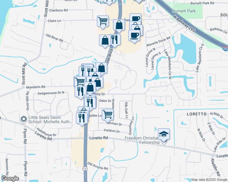 map of restaurants, bars, coffee shops, grocery stores, and more near 3131 Ricky Drive in Jacksonville