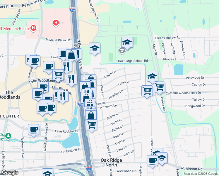 map of restaurants, bars, coffee shops, grocery stores, and more near 215 Laura Lane in Conroe