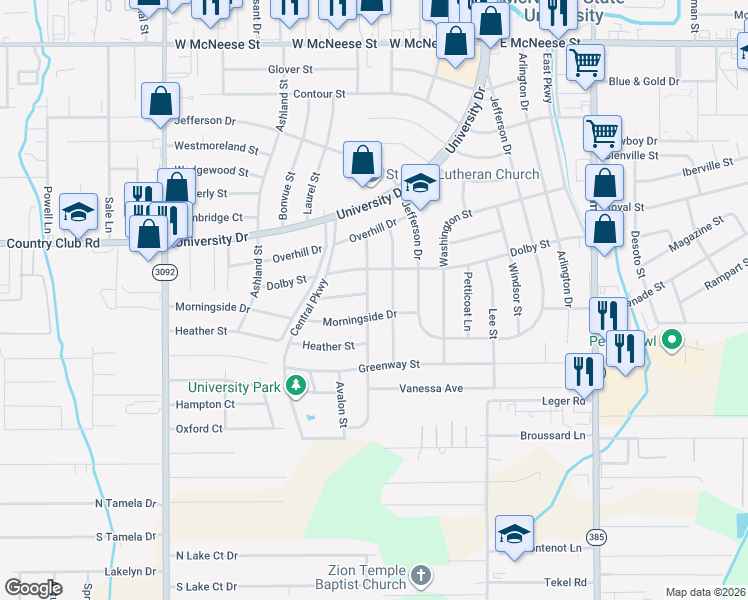 map of restaurants, bars, coffee shops, grocery stores, and more near 227 Crestwood Street in Lake Charles