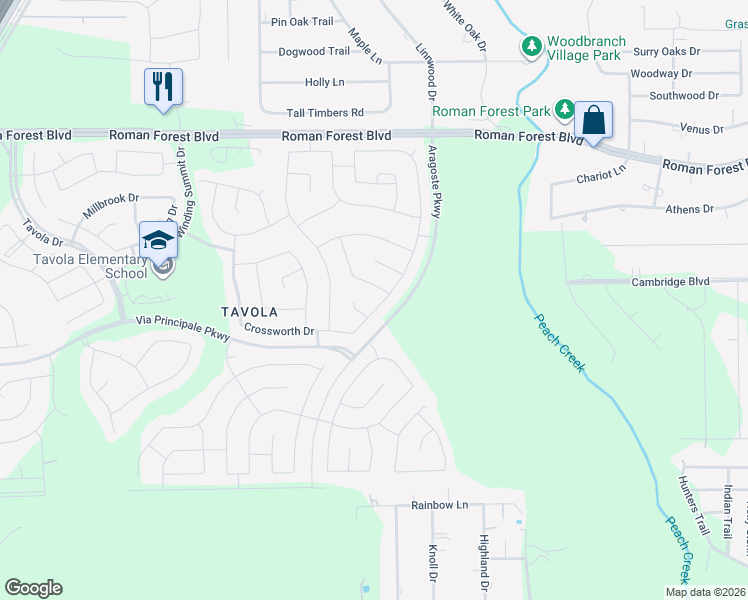 map of restaurants, bars, coffee shops, grocery stores, and more near Crossworth Drive in New Caney