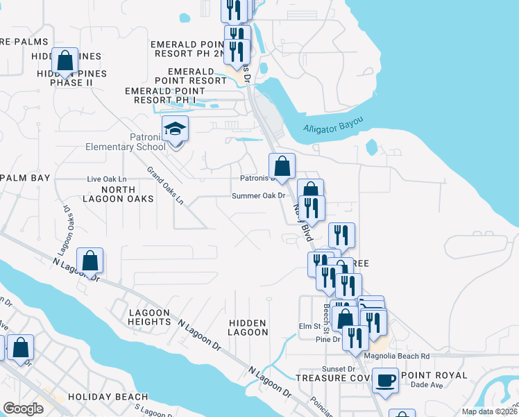 map of restaurants, bars, coffee shops, grocery stores, and more near 2113 Bent Oak Court in Panama City
