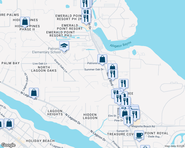 map of restaurants, bars, coffee shops, grocery stores, and more near 2113 Bent Oak Court in Panama City