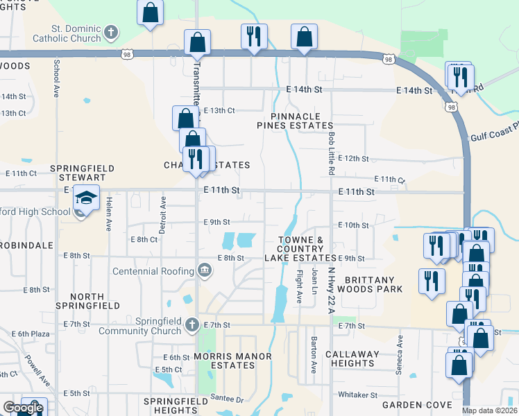 map of restaurants, bars, coffee shops, grocery stores, and more near 907 Russ Lake Drive in Panama City