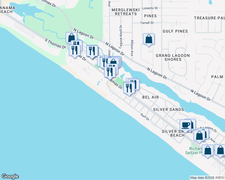 map of restaurants, bars, coffee shops, grocery stores, and more near 8629 Surf Drive in Panama City Beach