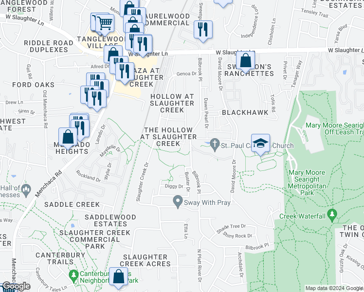 map of restaurants, bars, coffee shops, grocery stores, and more near 1301 Canopy Creek Way in Austin