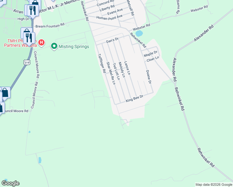 map of restaurants, bars, coffee shops, grocery stores, and more near 165 Shar-Mel-Re Lane in Crawfordville