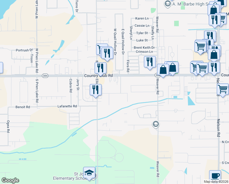 map of restaurants, bars, coffee shops, grocery stores, and more near 2665-2717 Ryan Road in Lake Charles