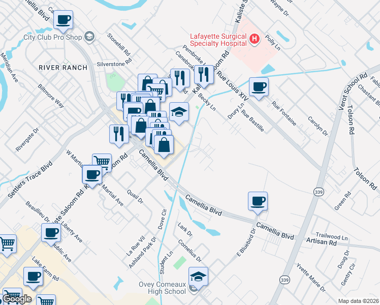 map of restaurants, bars, coffee shops, grocery stores, and more near 134 Long Plantation Boulevard in Lafayette